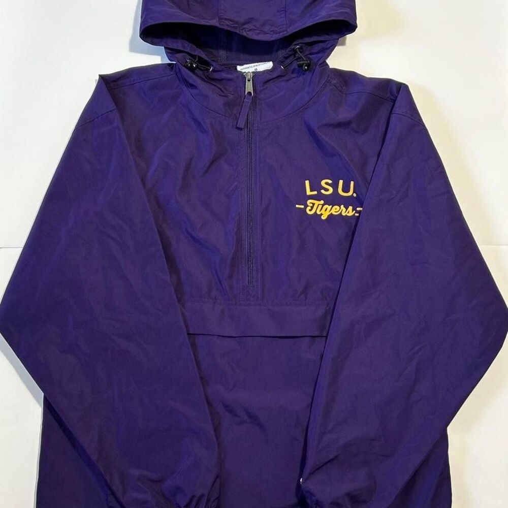 Champion Men's purple LSU windbreaker jacket with tiger graphic